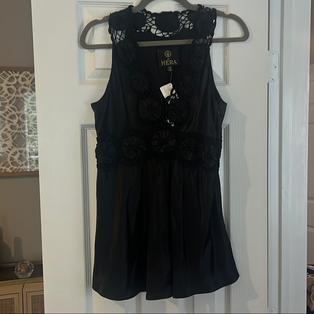 NWT Di Hera 100% Silk Hand-Made Detailed Black Top